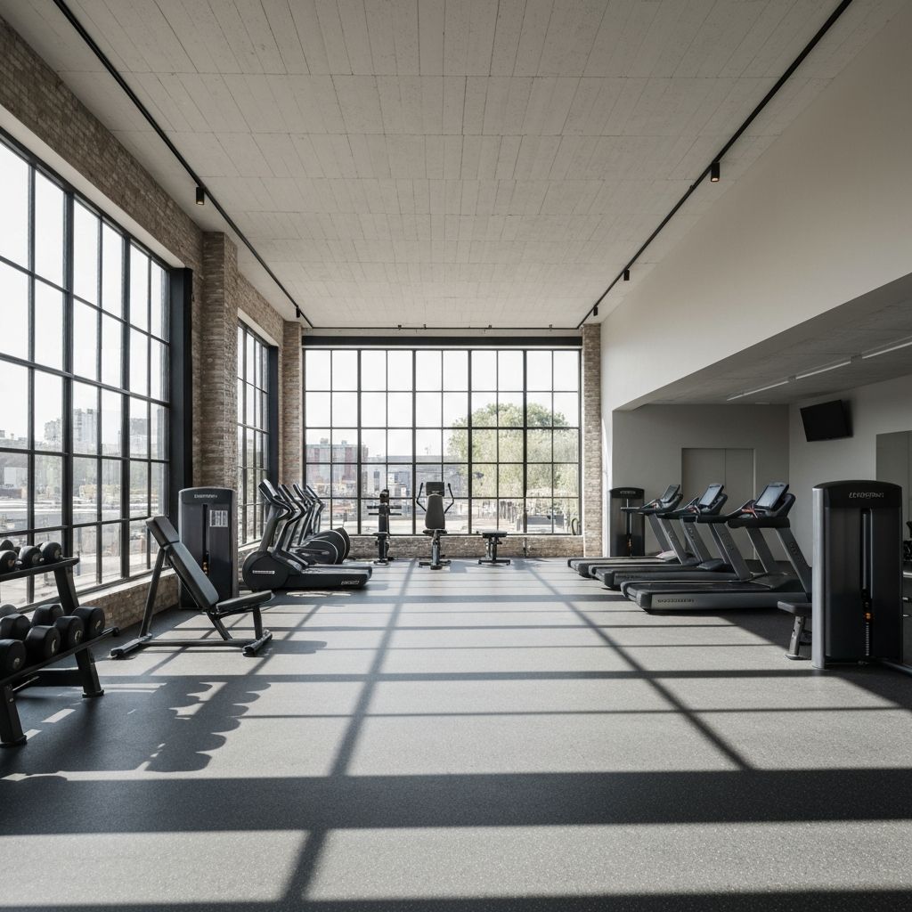 Moderan teretana interijer sa opremom i prirodnim osvetljenjem